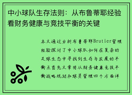 中小球队生存法则：从布鲁蒂耶经验看财务健康与竞技平衡的关键