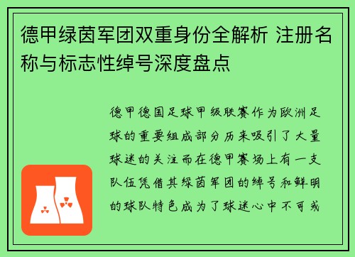 德甲绿茵军团双重身份全解析 注册名称与标志性绰号深度盘点